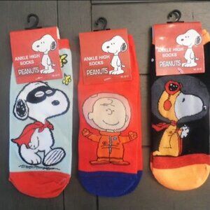 Peanuts Snoopy Ankle High Socks, 3 Pairs Size 9-11